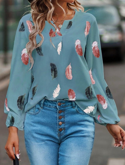 Fjädermönstrad elegant långärmad blus för kvinnor