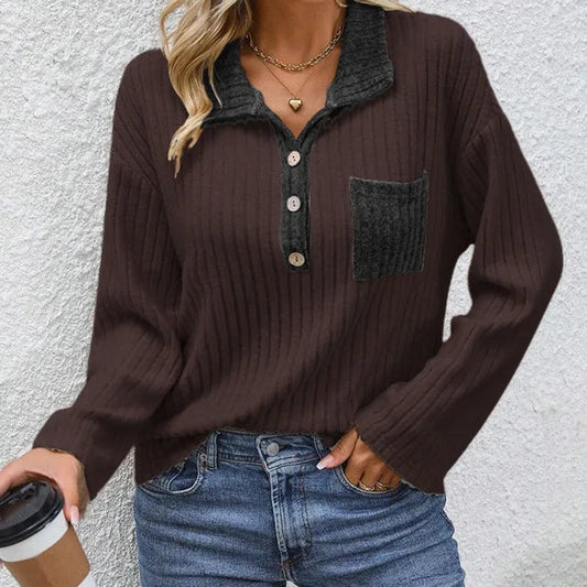 Trendig stickad tröja med ficka för kvinnor