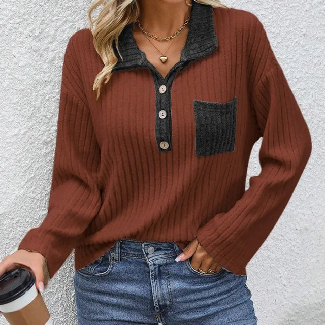 Trendig stickad tröja med ficka för kvinnor