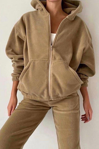 Oversize varm dragkedja huvjacka och byxor set för kvinnor