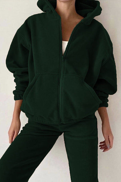 Oversize varm dragkedja huvjacka och byxor set för kvinnor