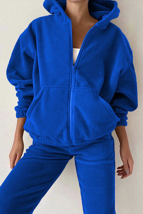 Oversize varm dragkedja huvjacka och byxor set för kvinnor