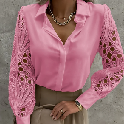 Snygg långärmad polo chiffongblus för kvinnor