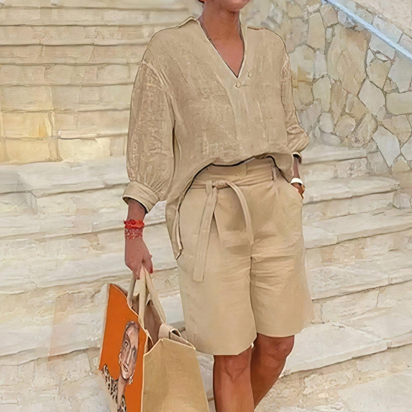 Bekväm långärmad blus och kort sommarset för kvinnor