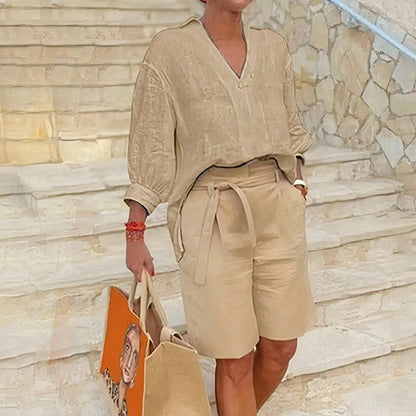 Bekväm långärmad blus och kort sommarset för kvinnor