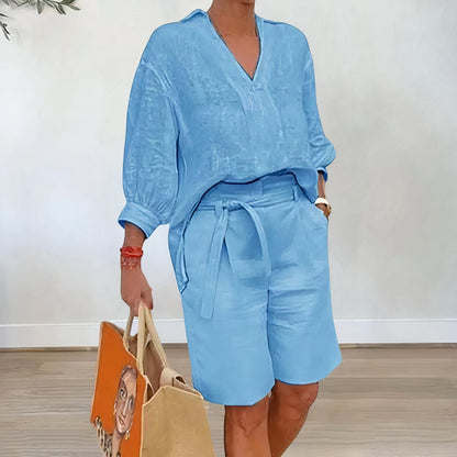 Bekväm långärmad blus och kort sommarset för kvinnor