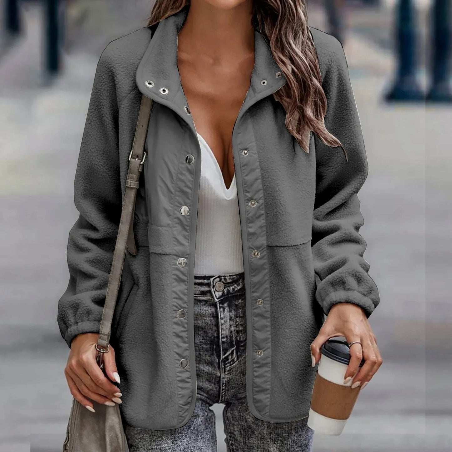 Avslappnad knapp vinter fleecejacka kappa för kvinnor