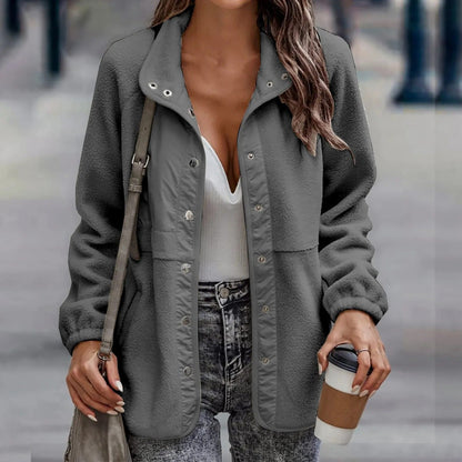 Avslappnad knapp vinter fleecejacka kappa för kvinnor