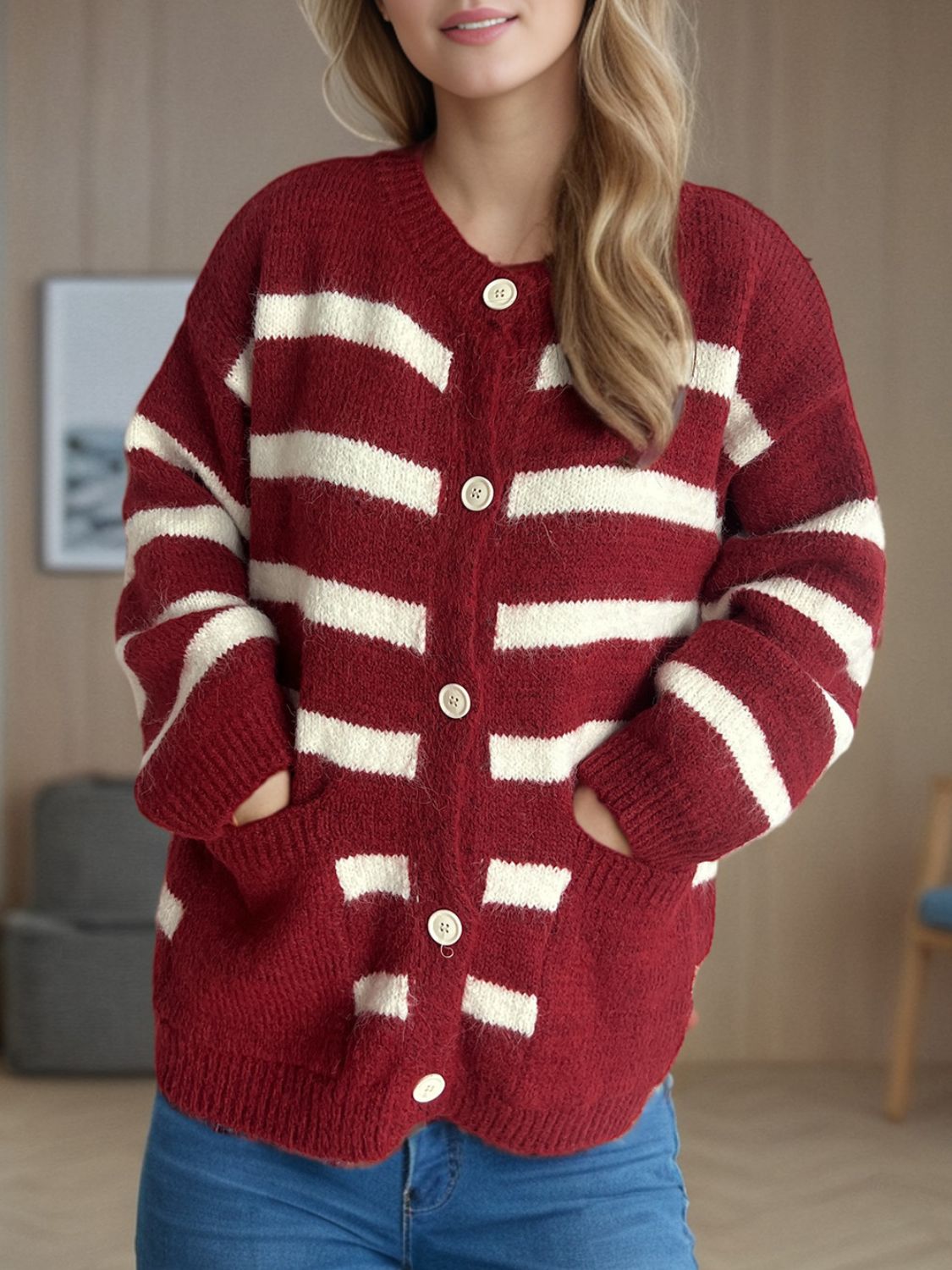 Mysig lös randig varm knappkofta för kvinnor