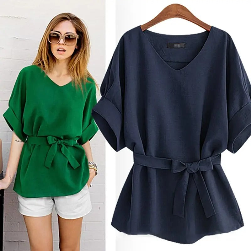 Lös v-ringad blus med fladdermusärm och bälte för kvinnor