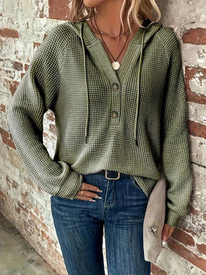 Mångsidig våffelstickad tröja med huva för kvinnor