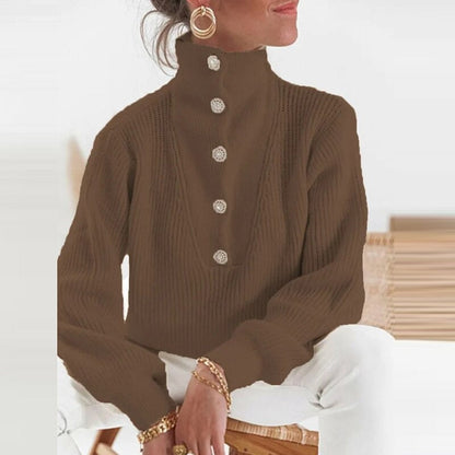 Elegant knapp polokrage vintertröja för kvinnor