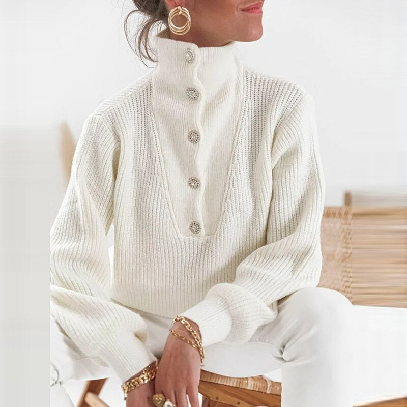 Elegant knapp polokrage vintertröja för kvinnor