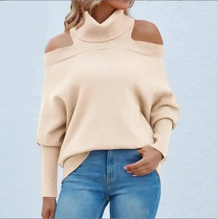 Elegant polokrage off-shoulder rygglös tröja för kvinnor