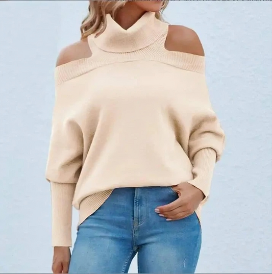 Elegant polokrage off-shoulder rygglös tröja för kvinnor