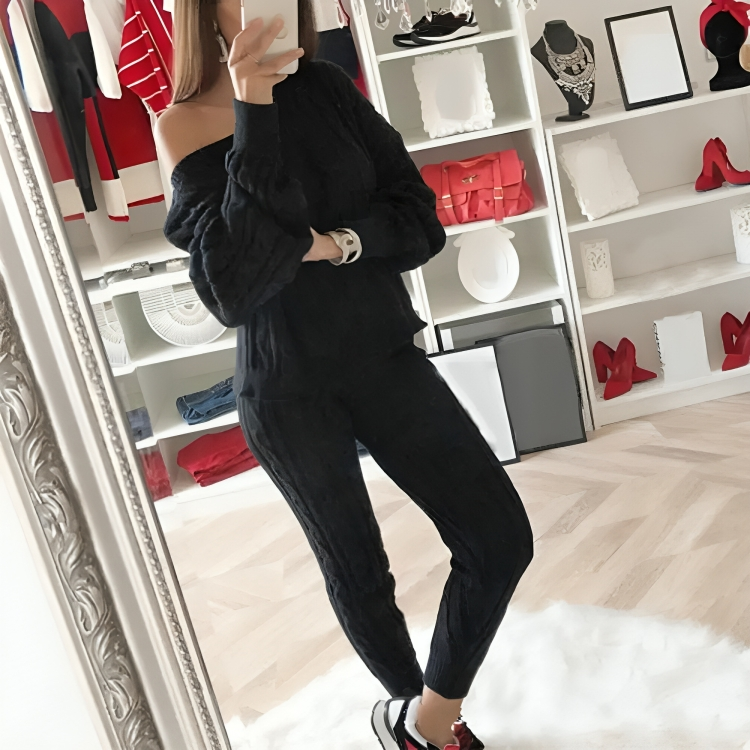 Löst stickad tröja och byxor vinterset för kvinnor