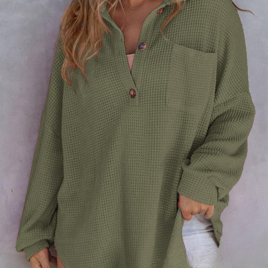 Avslappnad våffelstickad tröja för kvinnor