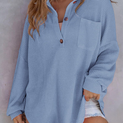 Avslappnad våffelstickad tröja för kvinnor